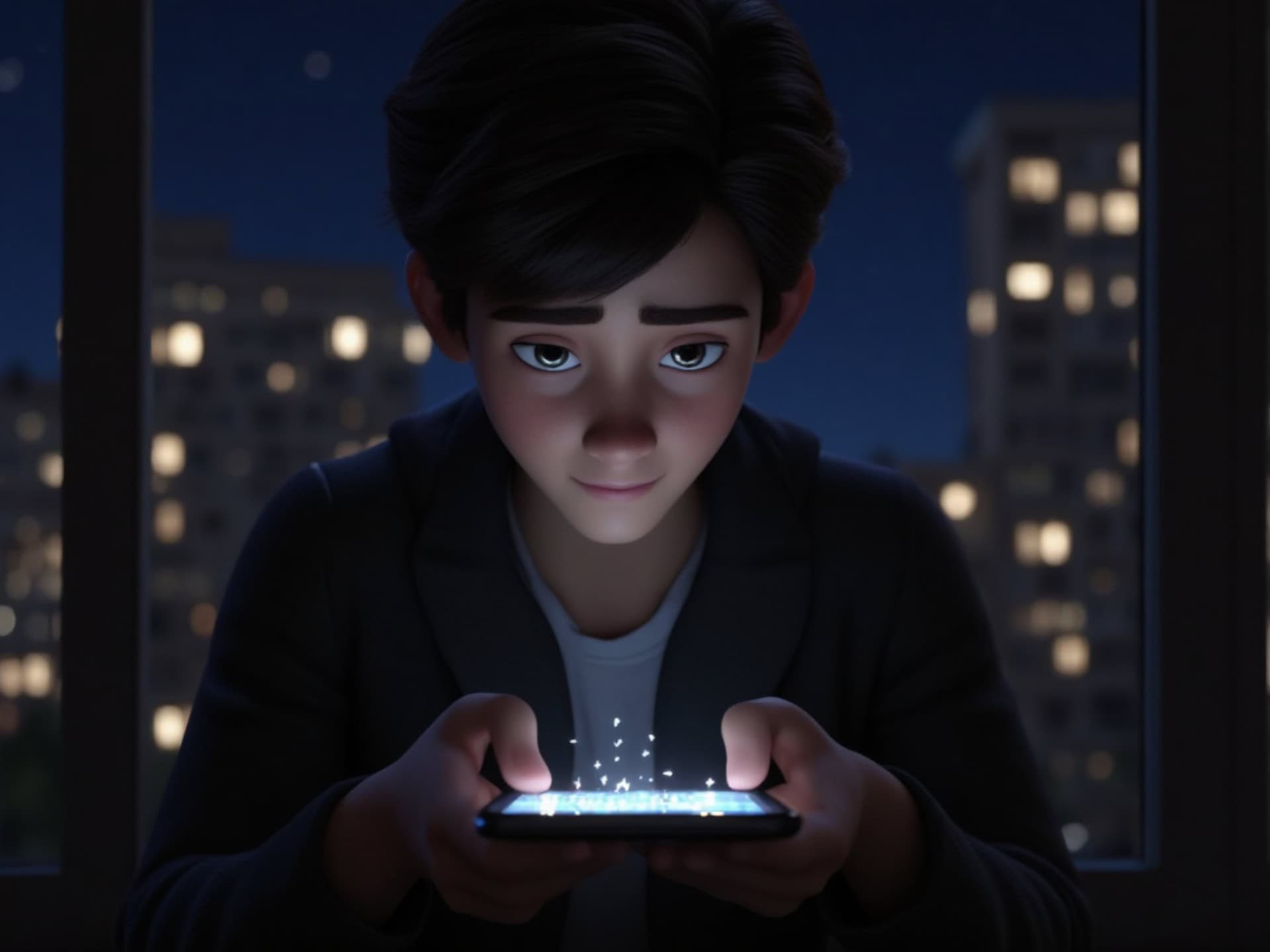 Animated character sits by a window at night, looking intently at a glowing phone, hoping for good social media views as city buildings light up in the background.
