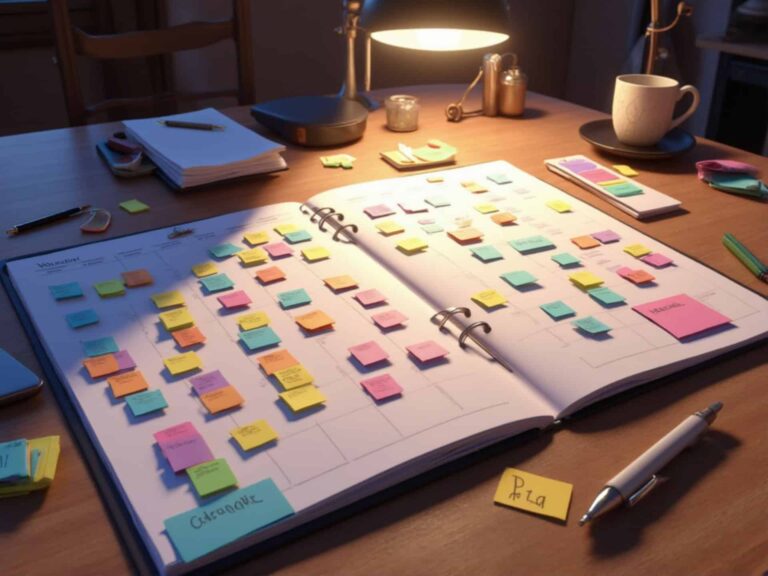 An open planner on a desk is filled with colorful sticky notes, perfect for capturing your next Social Media Post ideas, surrounded by a lamp, pens, a cup, and piles of paper.