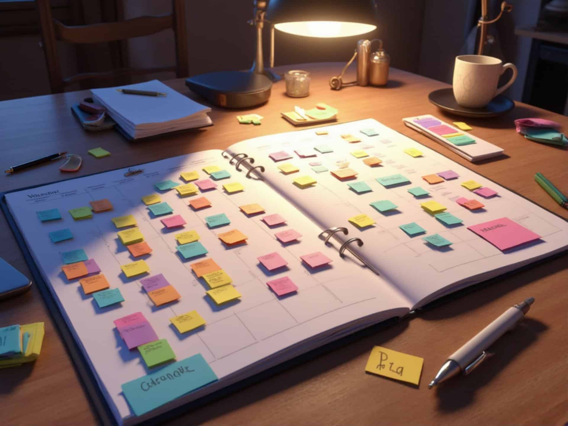 An open planner on a desk is filled with colorful sticky notes, perfect for capturing your next Social Media Post ideas, surrounded by a lamp, pens, a cup, and piles of paper.