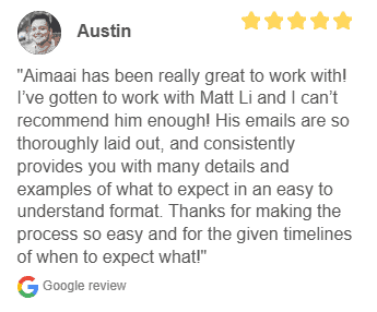 Google review by Austin with a 5-star rating, praising Aimaai for detailed communication, clear timelines, and an easy-to-understand process.